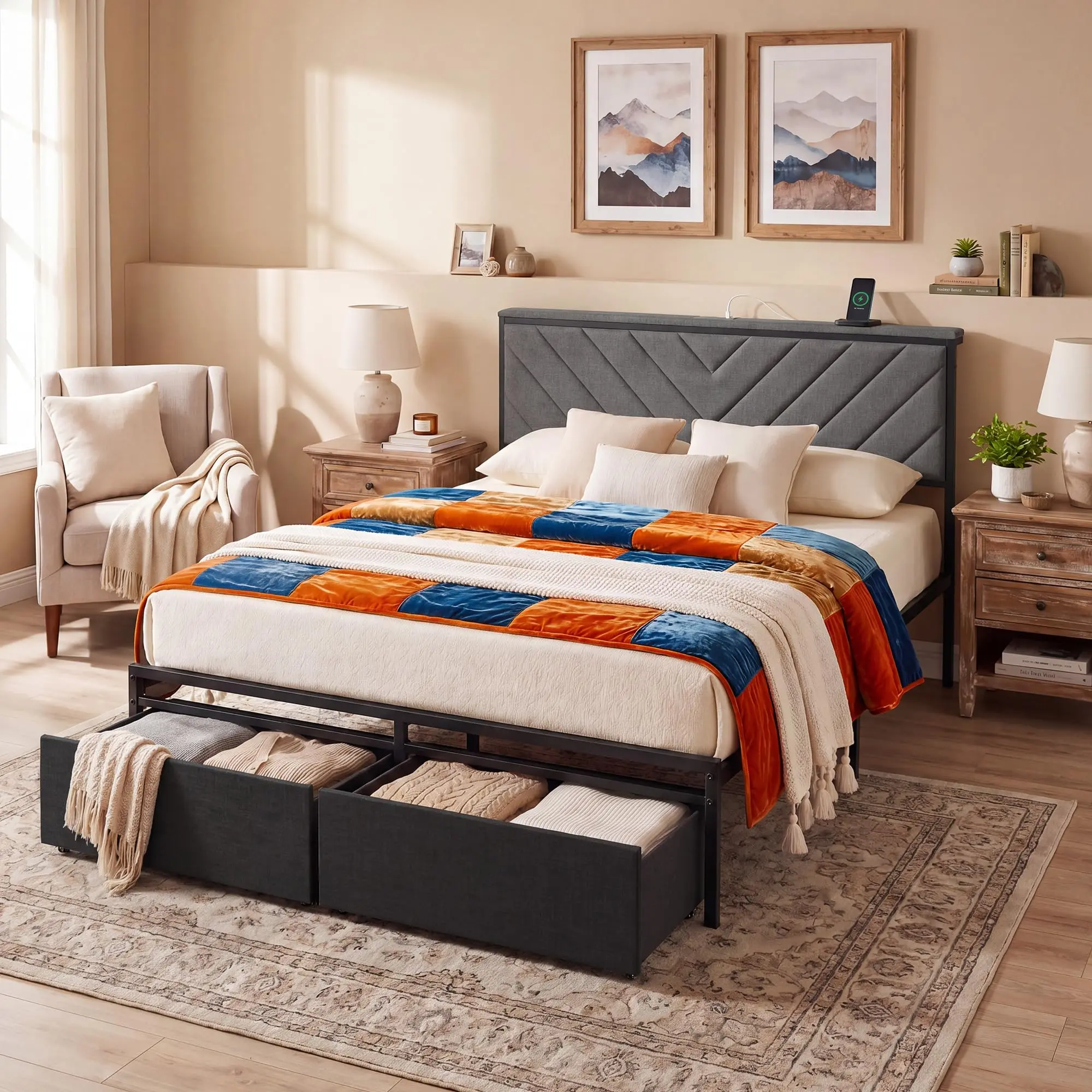 Bed Frame Available in Queen and Twin Sizes Featuring Multiple Storage Drawers and Integrated Charging Station for Convenient and Organized Bedroom Setup