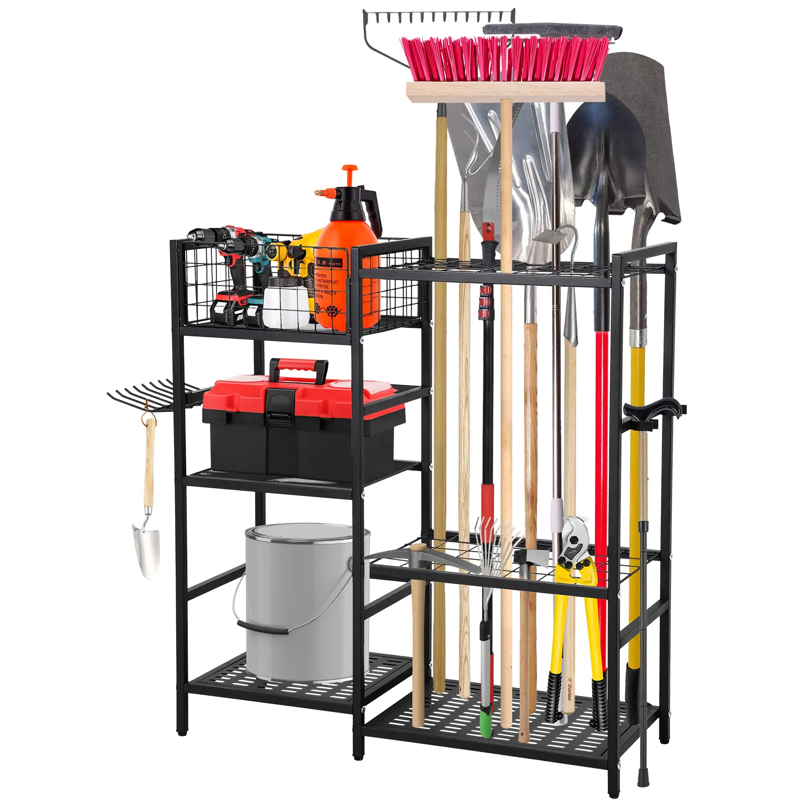 Heavy Duty 3-Tier Metal Frame Tool Storage Rack - 6 Shelves, 35 Long-Handled Tool Slots, Adjustable Hooks, Removable Basket, Freestanding Rack for Garage, Workshop Storage Organization