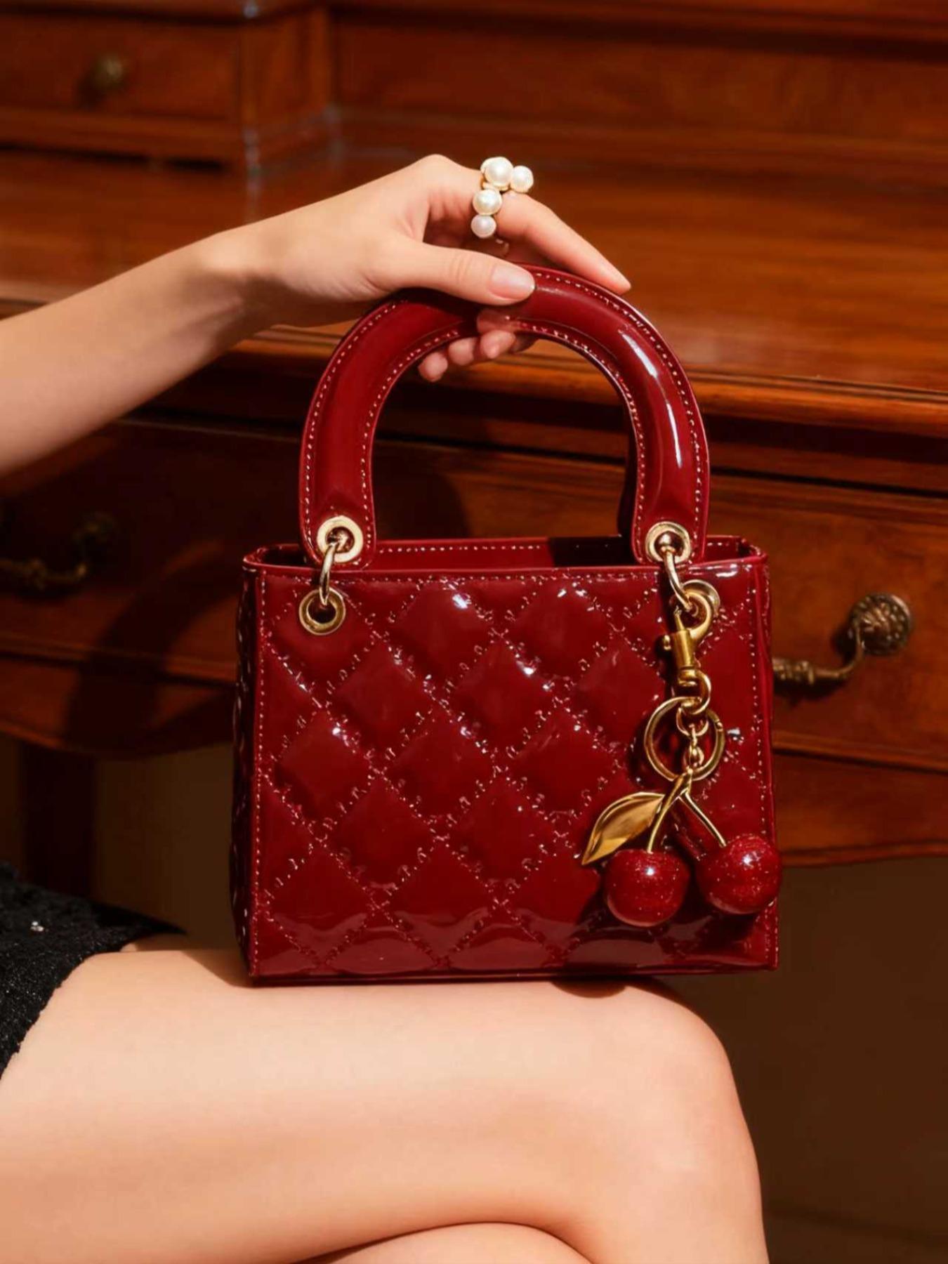 Checkered Bag with Cherry Charm, Fashionable Versatile Handbag, Casual Shoulder Crossbody Bag, Women's Stylish Tote, Convertible Shoulder Bags