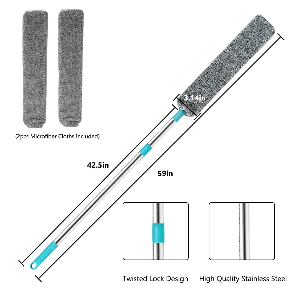 Retractable Gap Dust Cleaner Extendable 59" Duster with 2 Microfiber Cloths Soft Bristles for Delicate Surfaces Heavy-Duty Stainless Steel Locking Design Perfect for Under Furniture Bed Kitchen & Living Room Cleaning Home Care Supply Reusable Tool