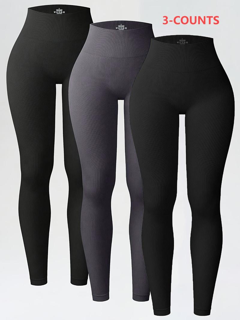 Women's Solid High Waist Leggings, Sporty Comfy Breathable Ribbed Skinny Pants for Yoga Gym Workout, Ladies Sportswear for All Seasons