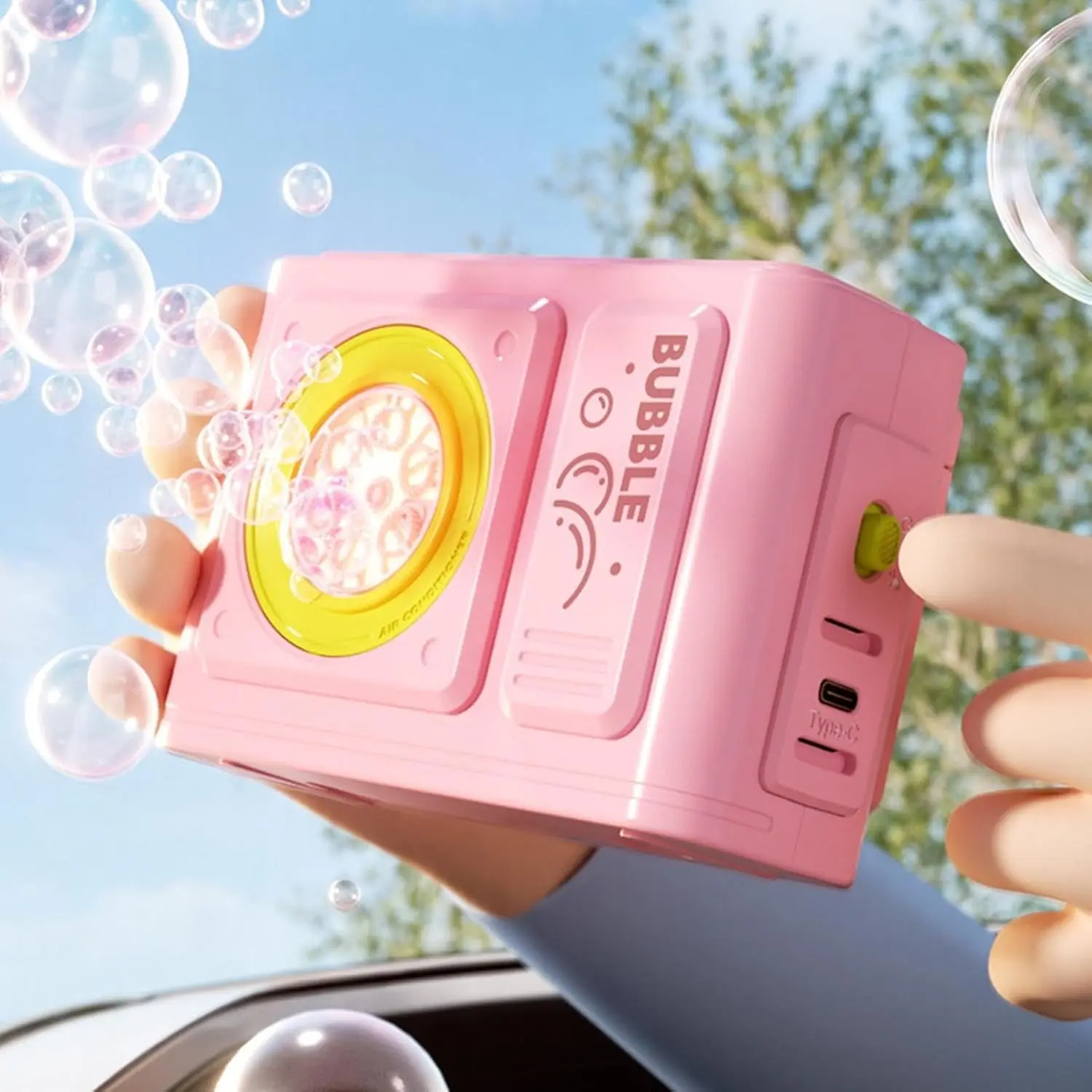 Air Conditioner Shaped Automatic Bubble Machine, Rc bubble machine, with Remote Control, Car Hanging Toy, USB Rechargeable. Package includes remote, base, bubble solution. Toy for Outdoor Parties, Produces Massive Bubbles