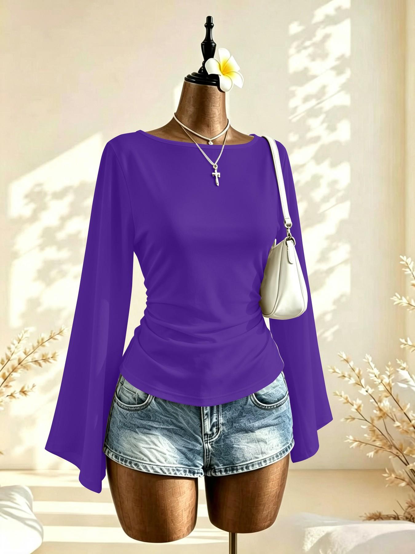 French Lazy Style Plain Color One-Shoulder Bell Sleeve Top, Side Pleat Waist Slimming Commuter Shirt, Choose 1/2 Pieces