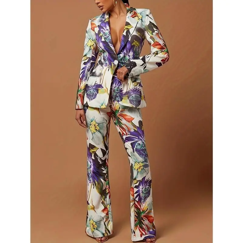 Floral Print Stylish Pantsuits, Single Button Lapel Collar Long Sleeve Blazer & High Waist Flare Leg Pants Outfits, Women'S Clothing