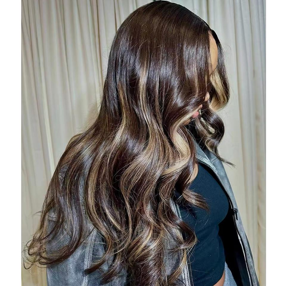 Brown Blonde Highlight Balayage Wig 13X6 Body Wave Human Hair Lace Front Wigs Pre Plucked 180% Density Highlight Ombre Colored Wigs Transparent Lace Frontal Wig Human Hair For Woman Natural Hairline SpringStatements