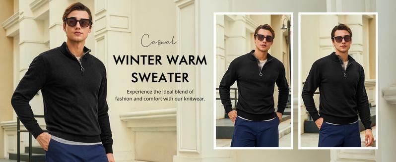 Runcati Mens Quarter Zip Pullover Sweater Lightweight Mock Neck Slim Fit Pullover Knit Casual Polo Sweaters
