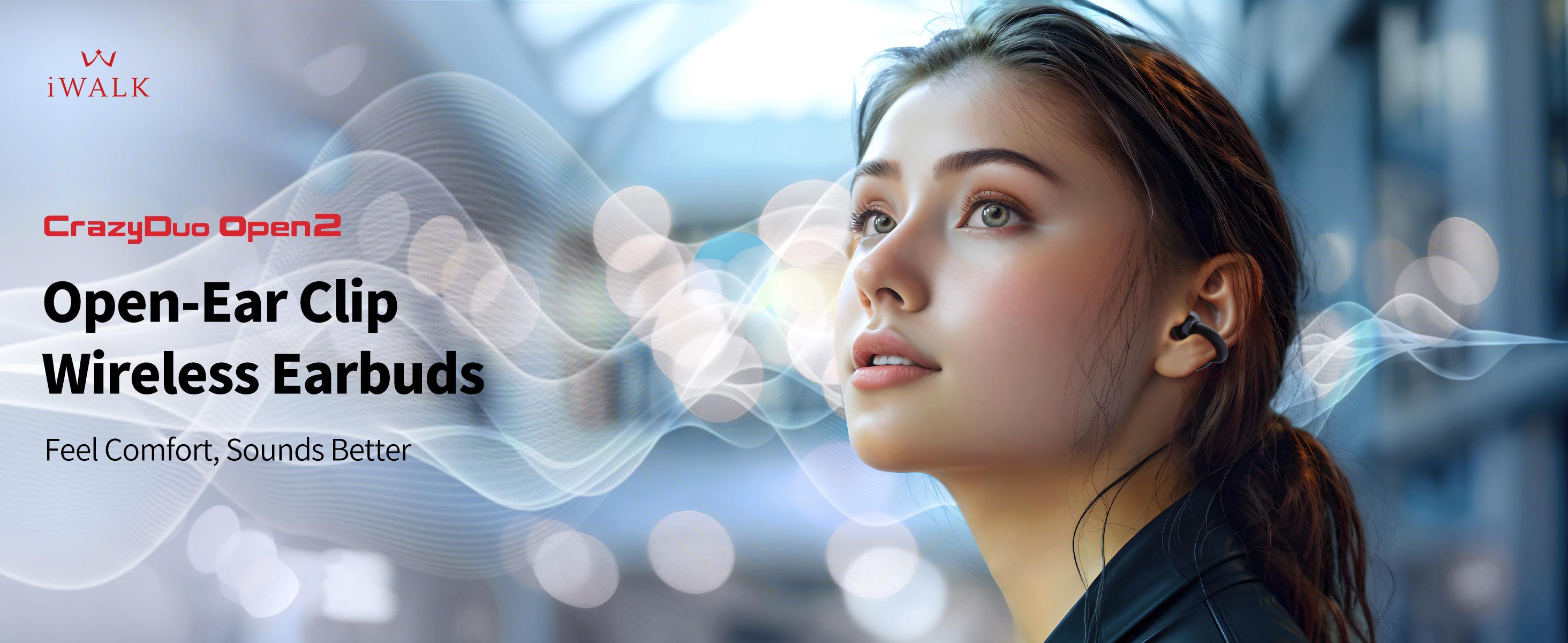 iWALK Open-Ear Clip Headphones Wireless Bluetooth HiFi Stereo Sound 16.2mm Graphene Diaphragm 30H Playtime LED Display Lightweight for Running Fitness Workout Yoga Audio Charging Digital