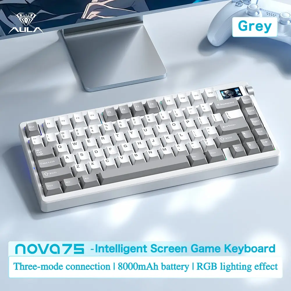 Aula Nova 75 Gaming Mechanical Keyboard, Triple Mode 80 Keys, Hot Swappable, HD Smart Screen with Knob, RGB Lighting, Compatible Windows/MAC/iOS, USB-C/ BT/ 2.4GHz, Lighted Mechanical Keyboard, Gaming PC Accessories