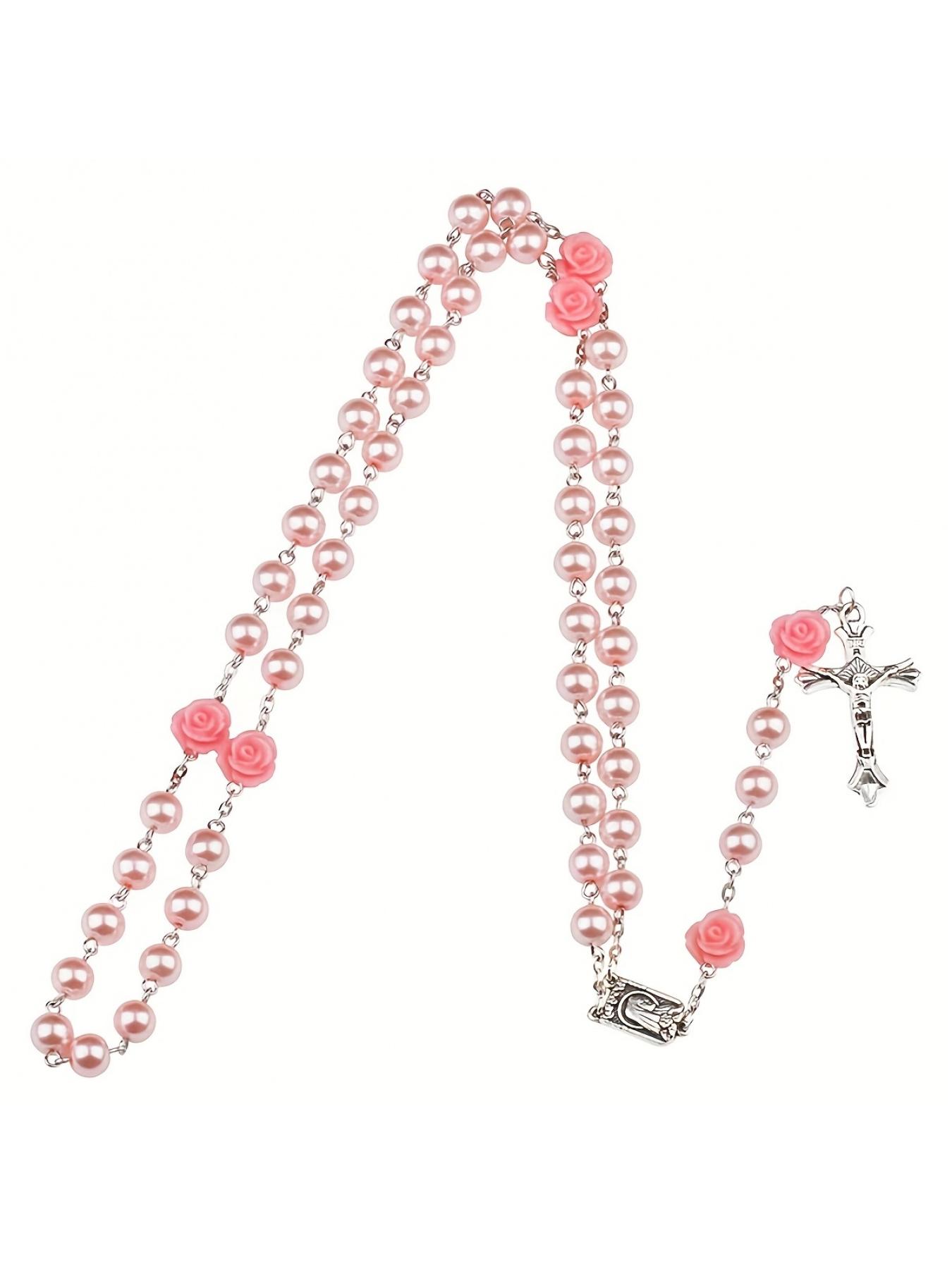 Vintage Pink Resin Beaded Rose Cross Pendant Clothing Accessories Jewelry, Light Luxury Premium Commemorative Gift for Family and Friends