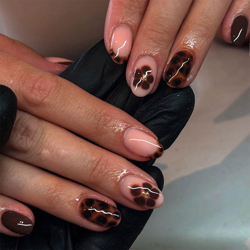 24pcs Oval Press-On Nails, Leopard French & Flower Designs, Autumn Winter Acrylic False Nails Set, Easy Wear for Women and Girls