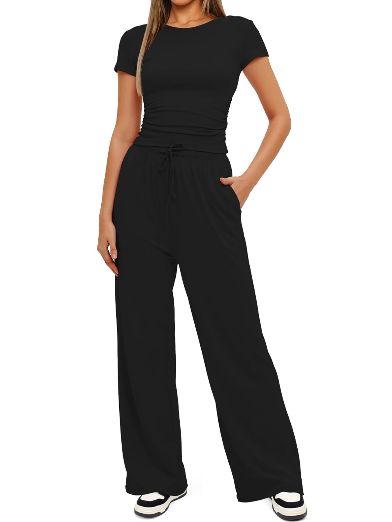 Summer 2 Piece Set for Women, Ruched Short Sleeve Tops, Wide Leg Pants with Pockets, Drawstring, Adjustable, Casual Tracksuit, Ladies Loungewear, Clothes