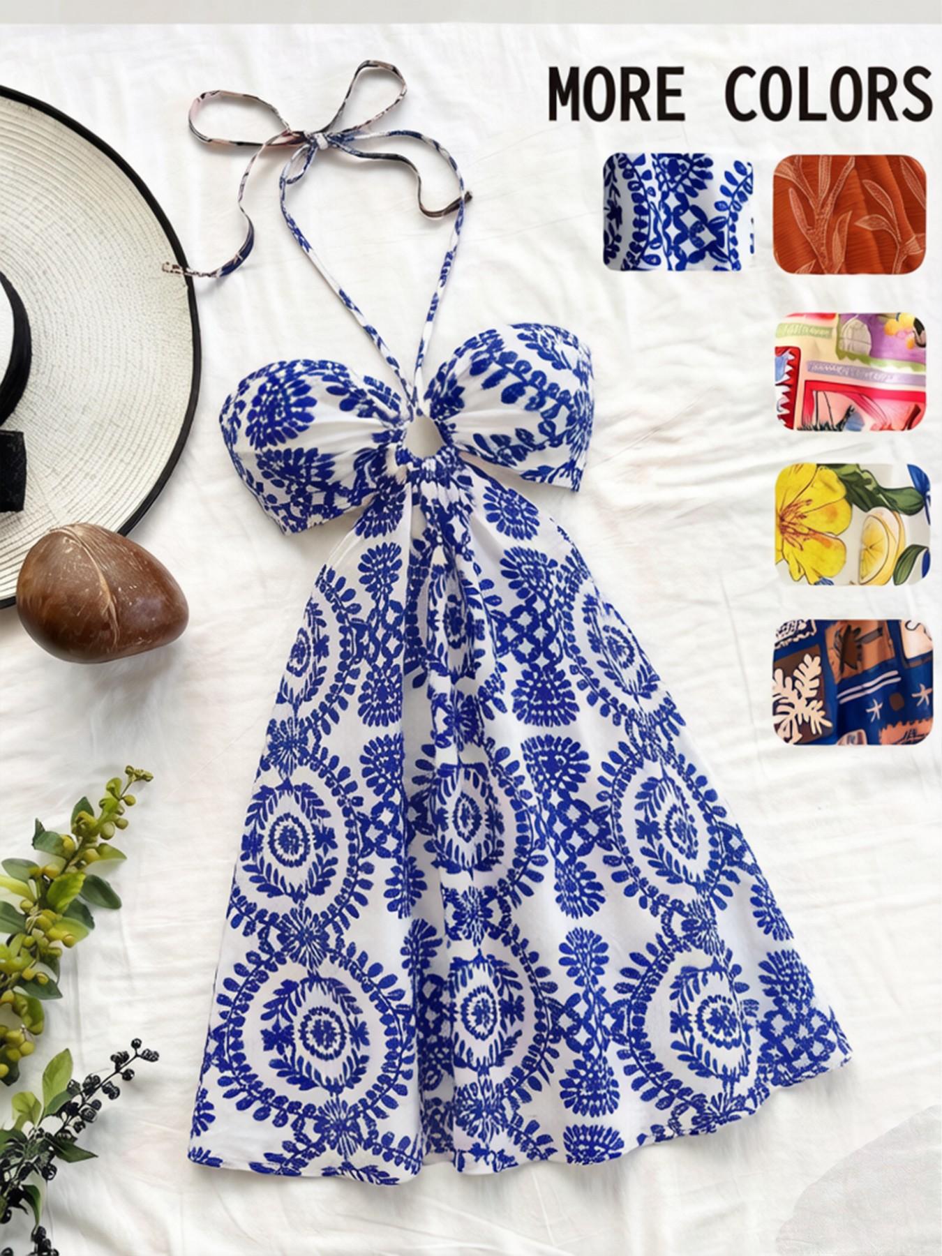 Women's Boho Vacation printed pattern Sexy Halter Drawstring Hollow Waist Dress, Suitable For Beach, Music Festival, Hippie, Party, Date, Afternoon Tea
