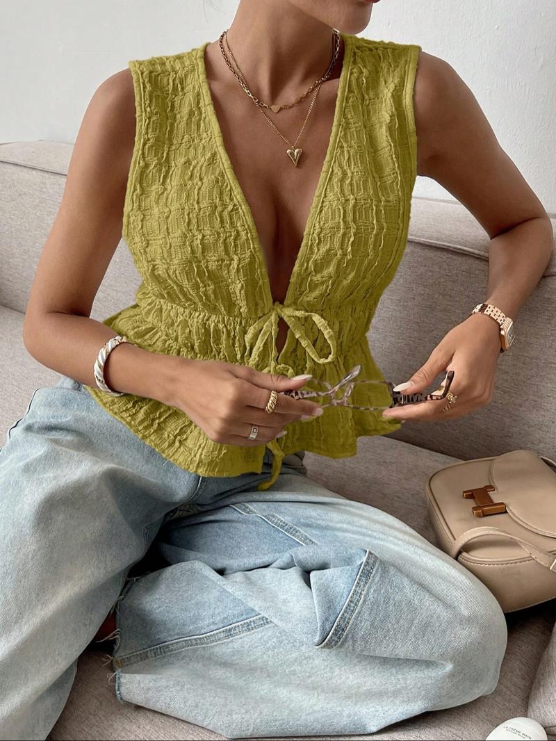 Women's Plain Tie Front Tank Top, Casual Deep V Neck Sleeveless Top for Summer, Women's Clothing for Daily Wear