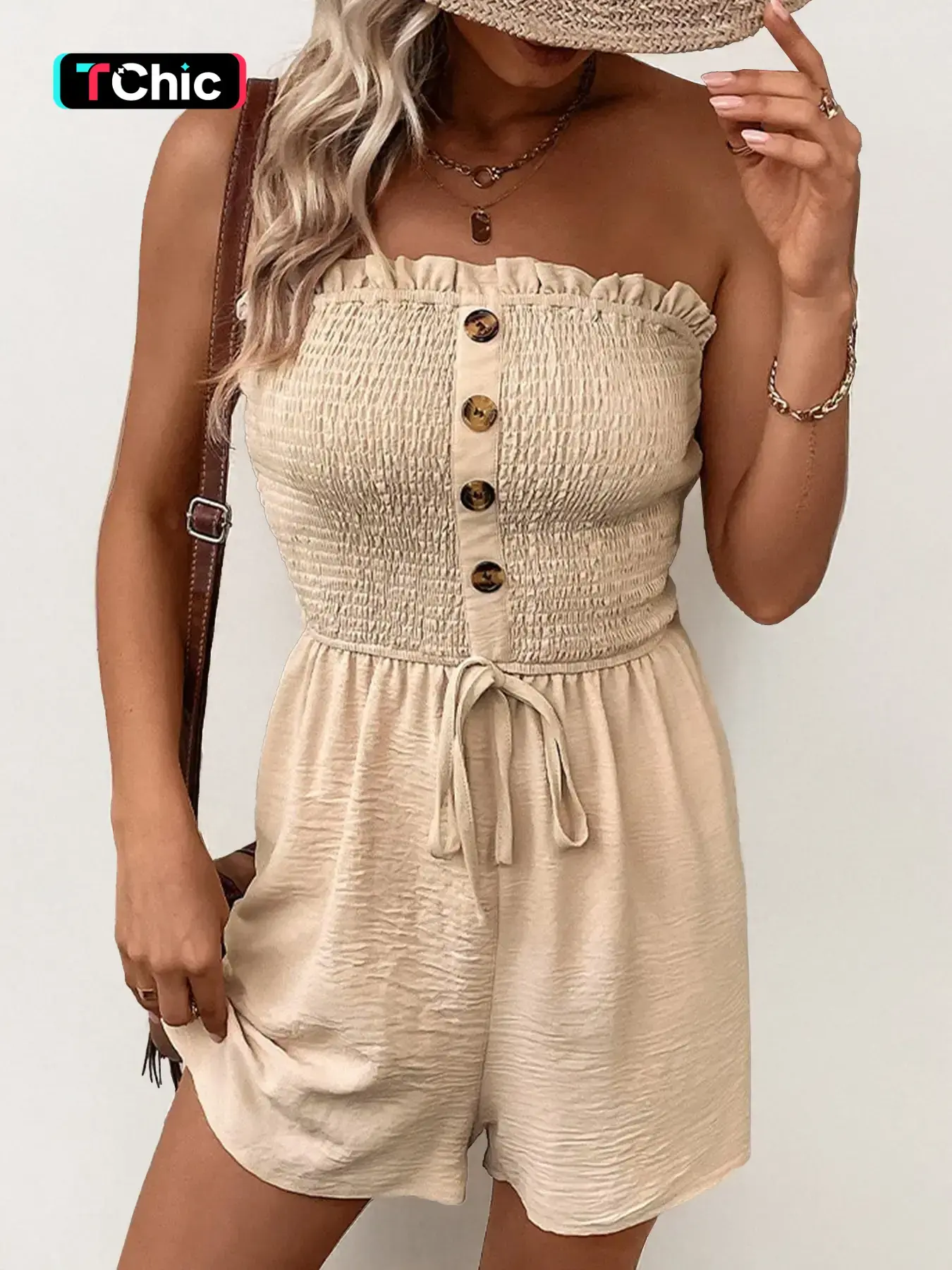 Women's Leisure Casual Solid Color Off The Shoulder Sleeveless Ruched Front Tie Tie Waist Lightweight Button Decor Playsuit Jumpsuit Breathable Jumpsuit Casual Fit Jumpsuit
