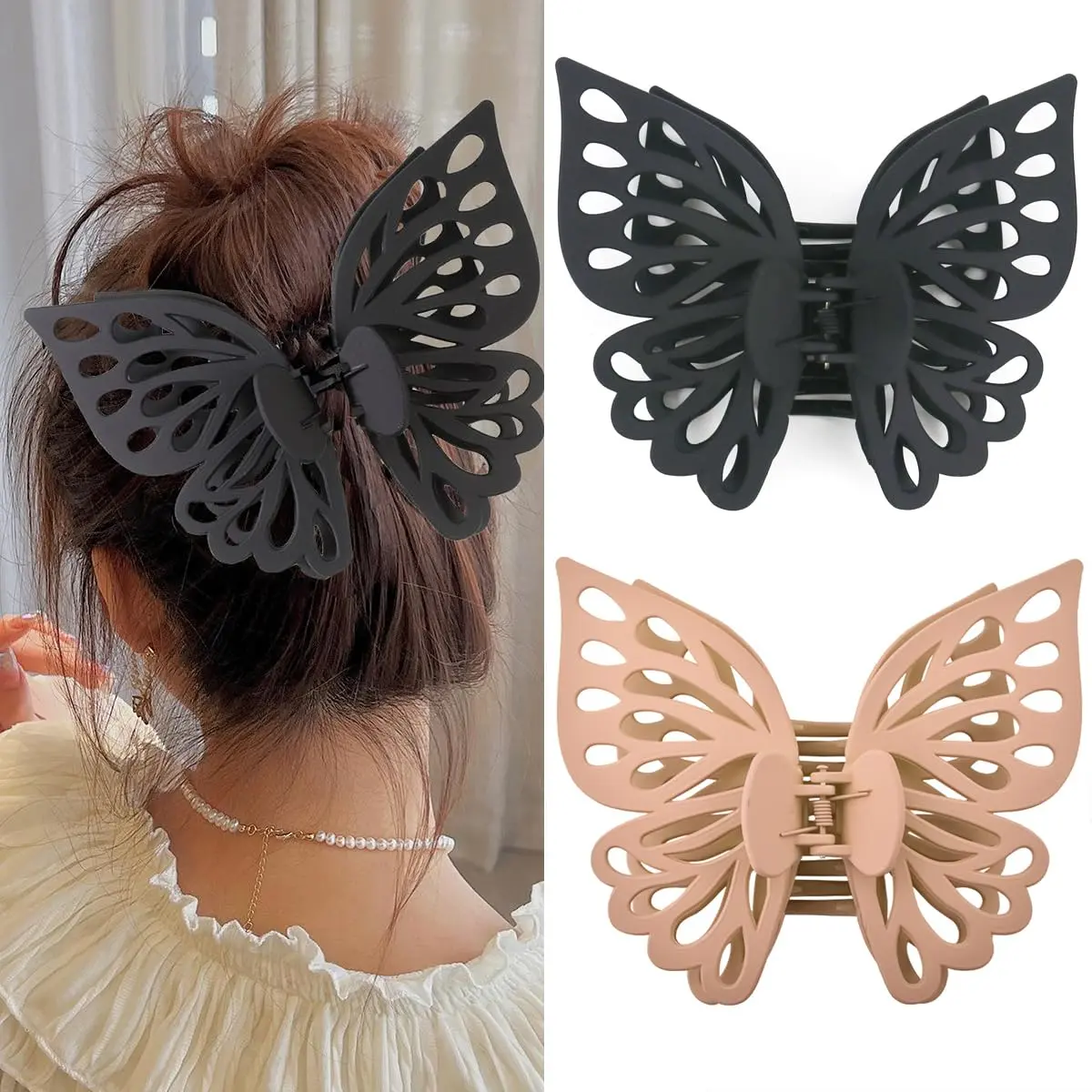 Butterfly Hair Claws for Women: Large Matte Hollow Barrettes for Thick Hair -  Hold, Non-Slip Clamps with 2 Packs (Black, Brown)