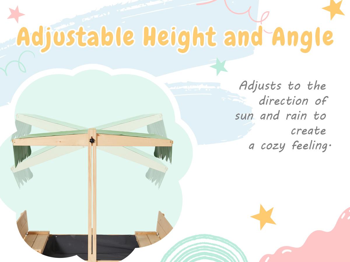 Sandbox with Lid, Kids Sandbox with Cover and Height Adjustable Roof, Outdoor Sandbox with Foldable Bench Seats and Sand Protection Liner for Aged 3-8, Perfect for Backyard Fun , Beach, Lawn Wooden Playtime