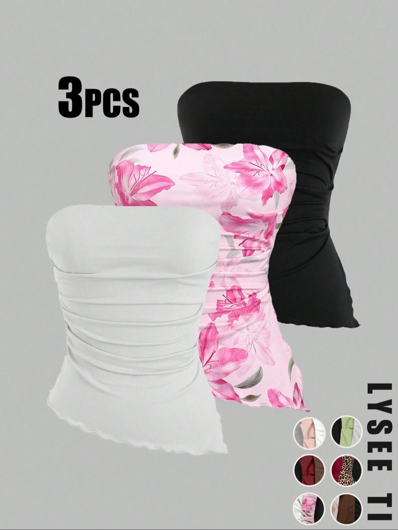 26 Valentine's Day 3pcs Autumn/Winter Bottom Women's Casual Fashion Sports Multi Color Ear Edge High Elasticity Topless Tank Top Three Piece Set