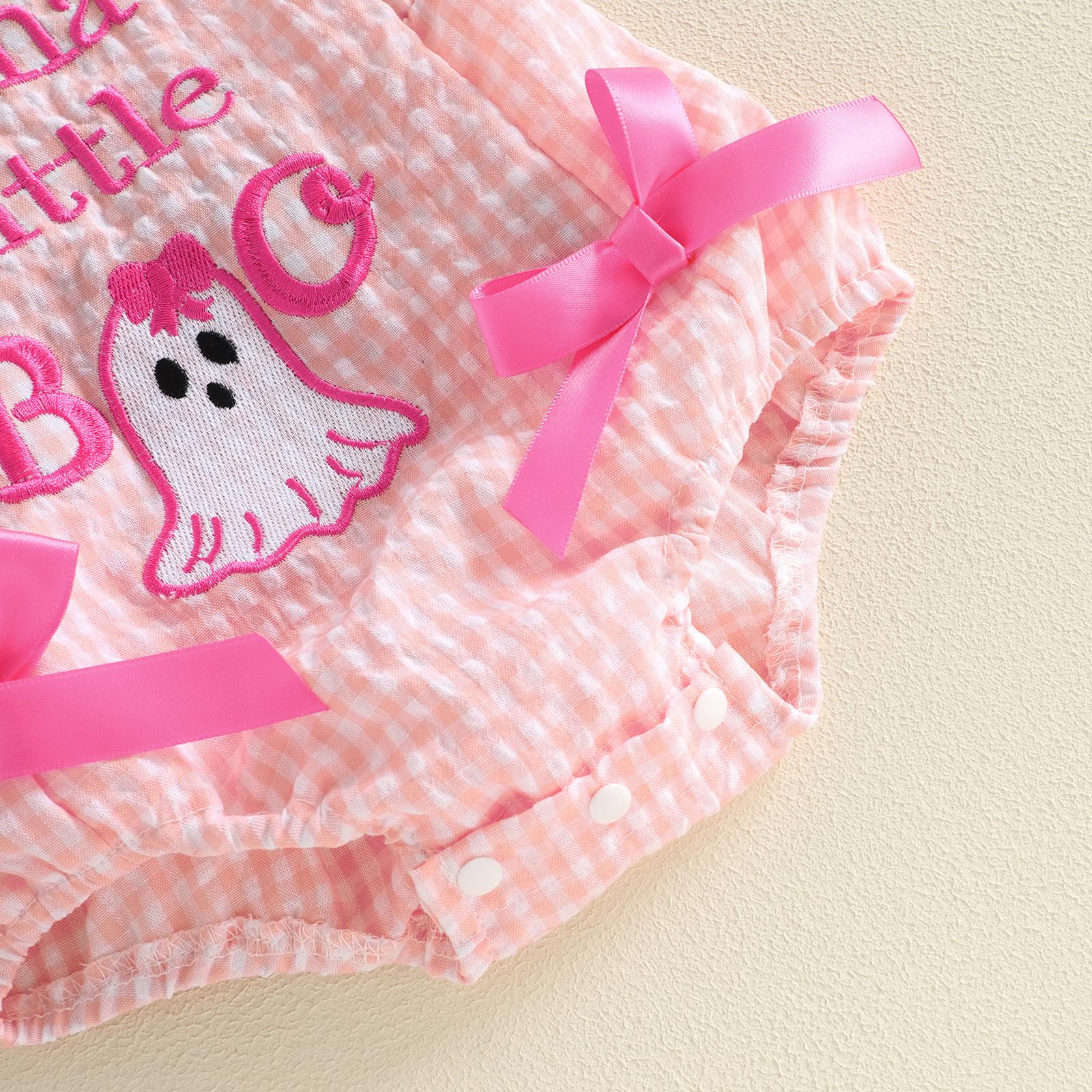 [Lullaby] Baby Girl Halloween Romper Set, Cotton Blend Plaid Print Jumpsuit with Embroidery (Pumpkin/Ghost), Flying Sleeves, Square Neck, Bow Headband - Prop 65 Safe Baby Girl Clothing