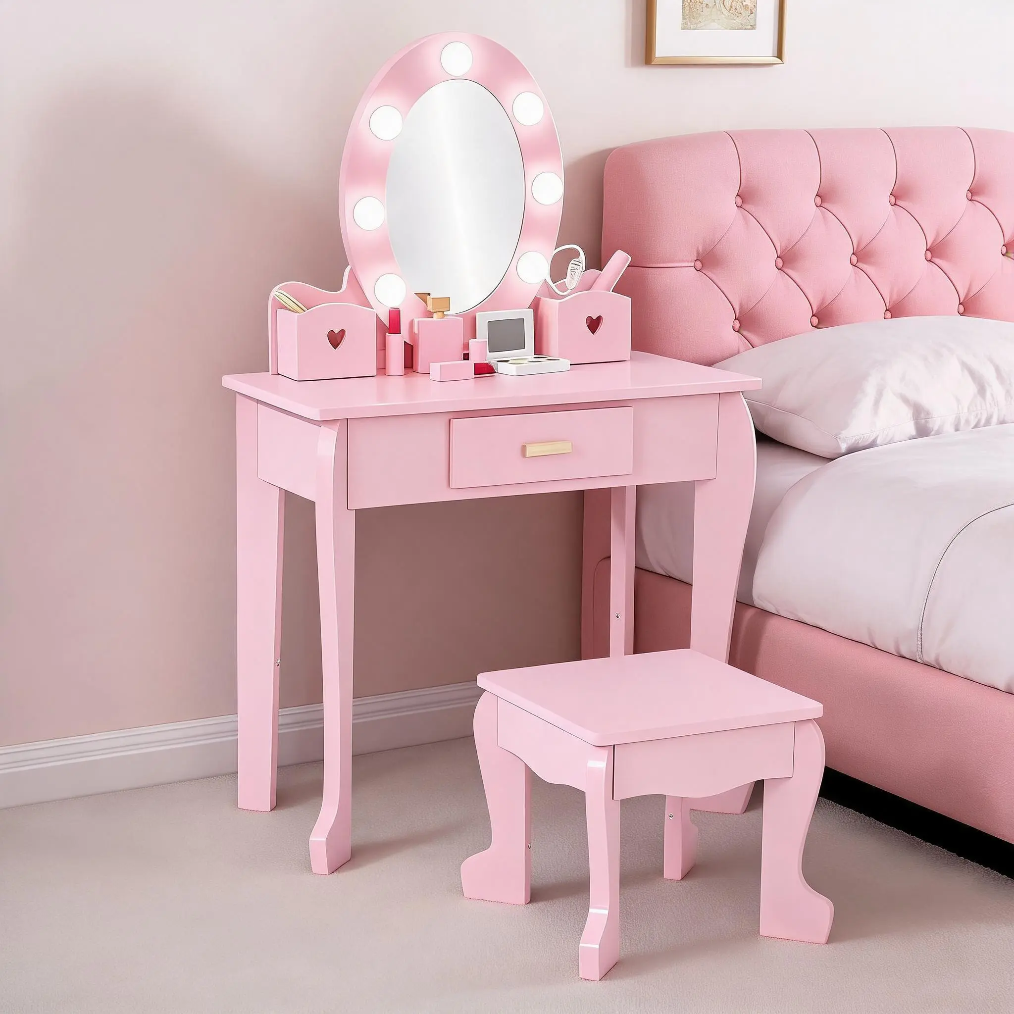 Modern Wooden Vanity Table Set with Lighted Mirror and Storage Drawer Small Space Makeup Desk with Stool for Bedroom Dorm Apartment Decor