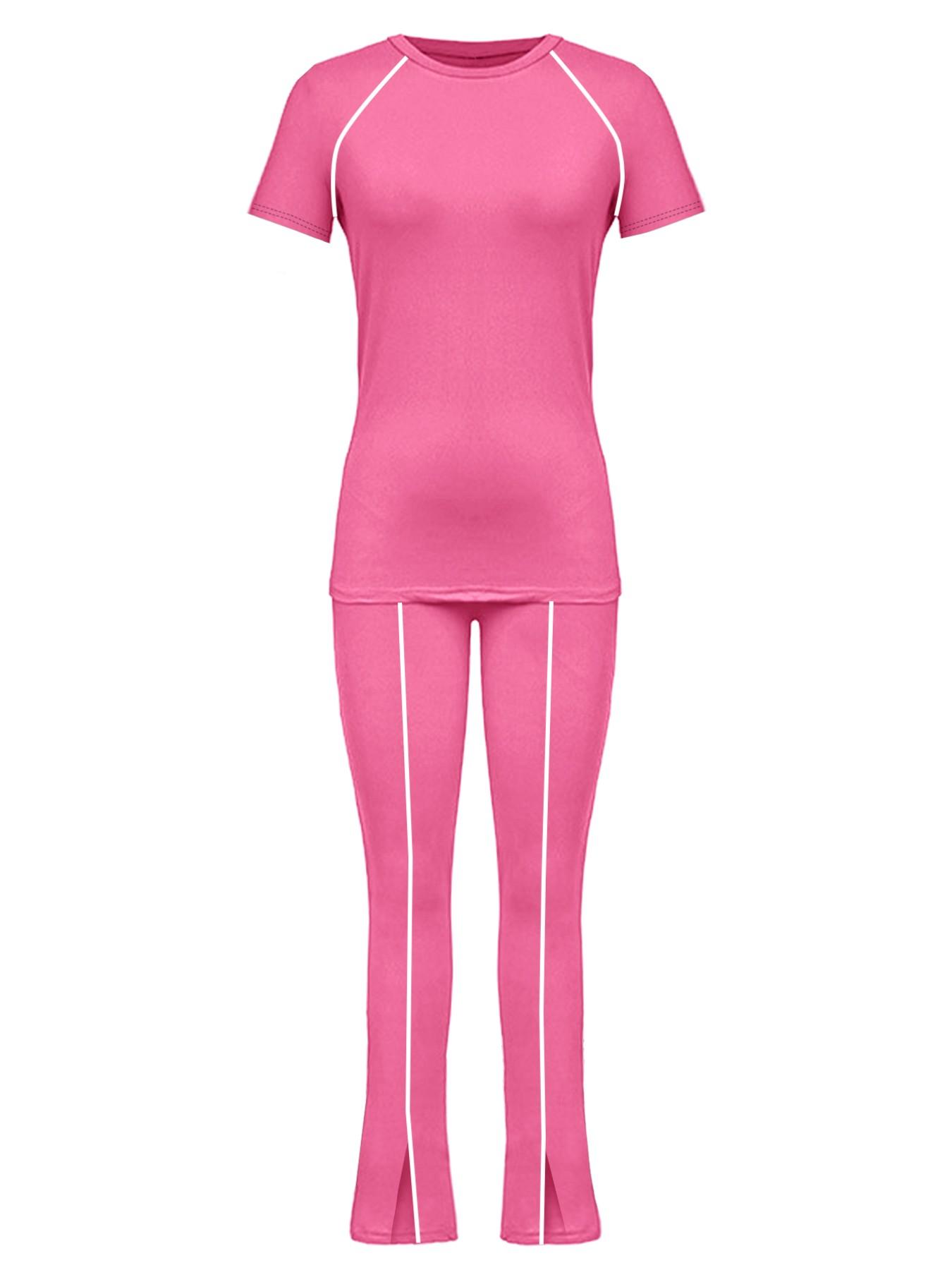 Summer Fashion New Round Neck Solid Color Striped Patchwork Short Sleeve Fitted Top with Long Pants Set, Women's Two-Piece