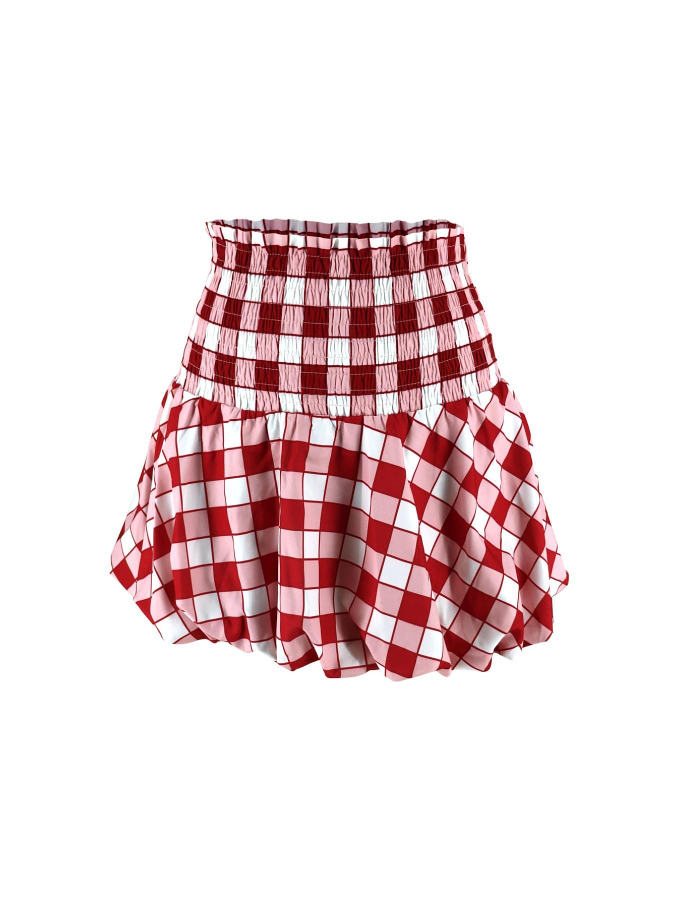 Spring Summer Versatile Plaid Skirt, Short Lantern Skirt, Bubble Hem, Casual Style, Perfect for Daily Wear, Vacation, and Multiple Fitted