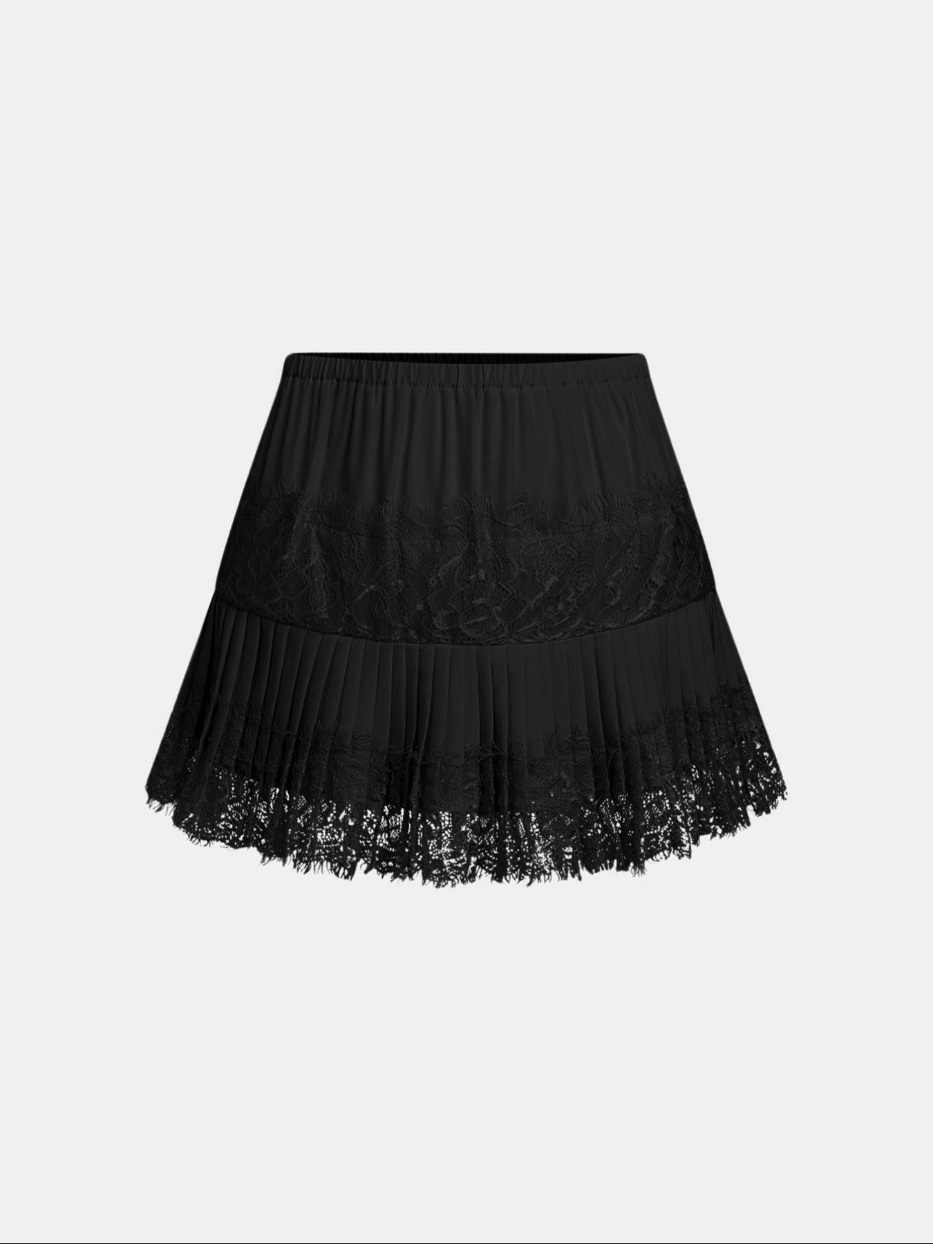 Women's Lace Patchwork Pleated Short Skirt, Feminine Sweet Elegant Style, Show Leg Length, Plain Pattern, S Type Silhouette
