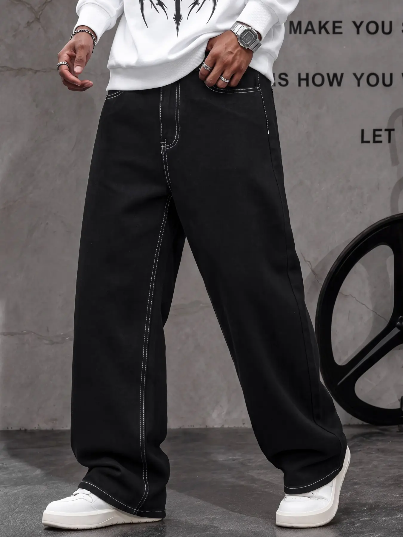 Men's Y2K Baggy Jeans, Minimalist American Streetwear Style, Everyday Wardrobe Essential
