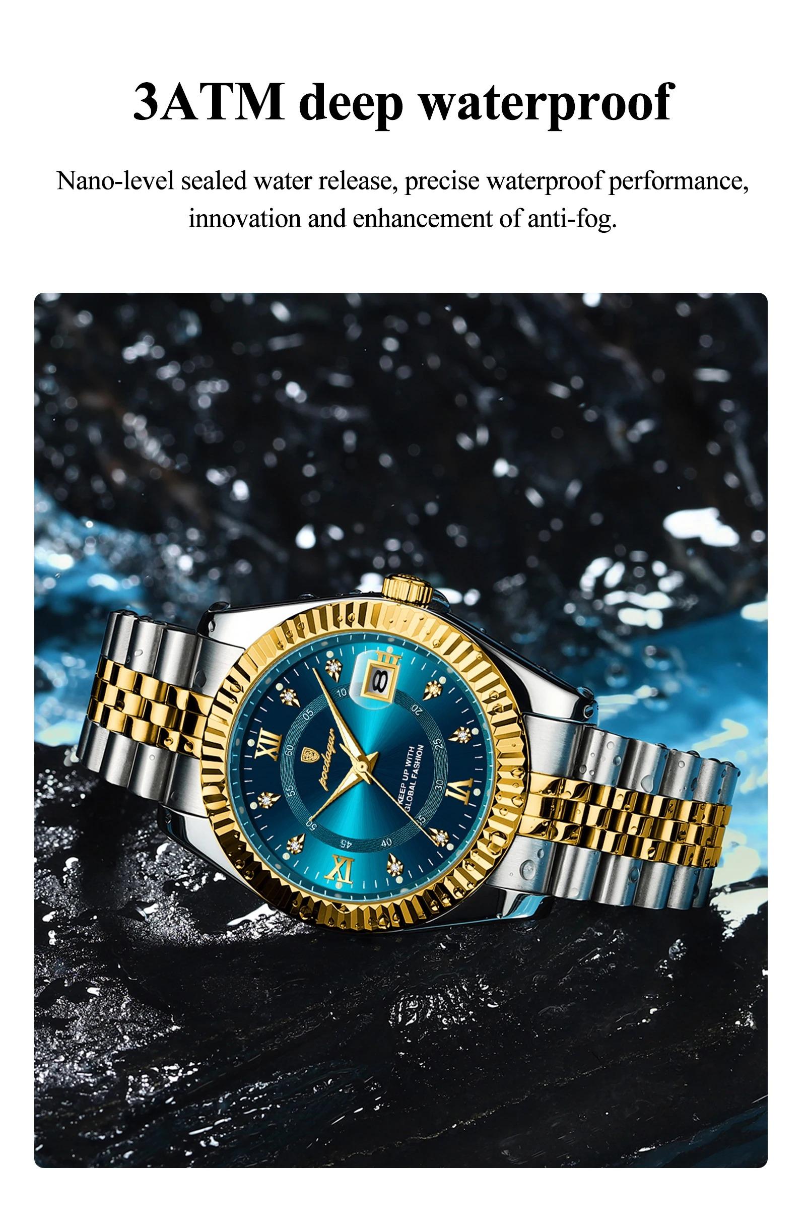 POEDAGAR Men's Quartz Analog Watch Waterproof Date Week Night Light Watch Stainless Steel Men's Watch Men's Clock Sport Reloj