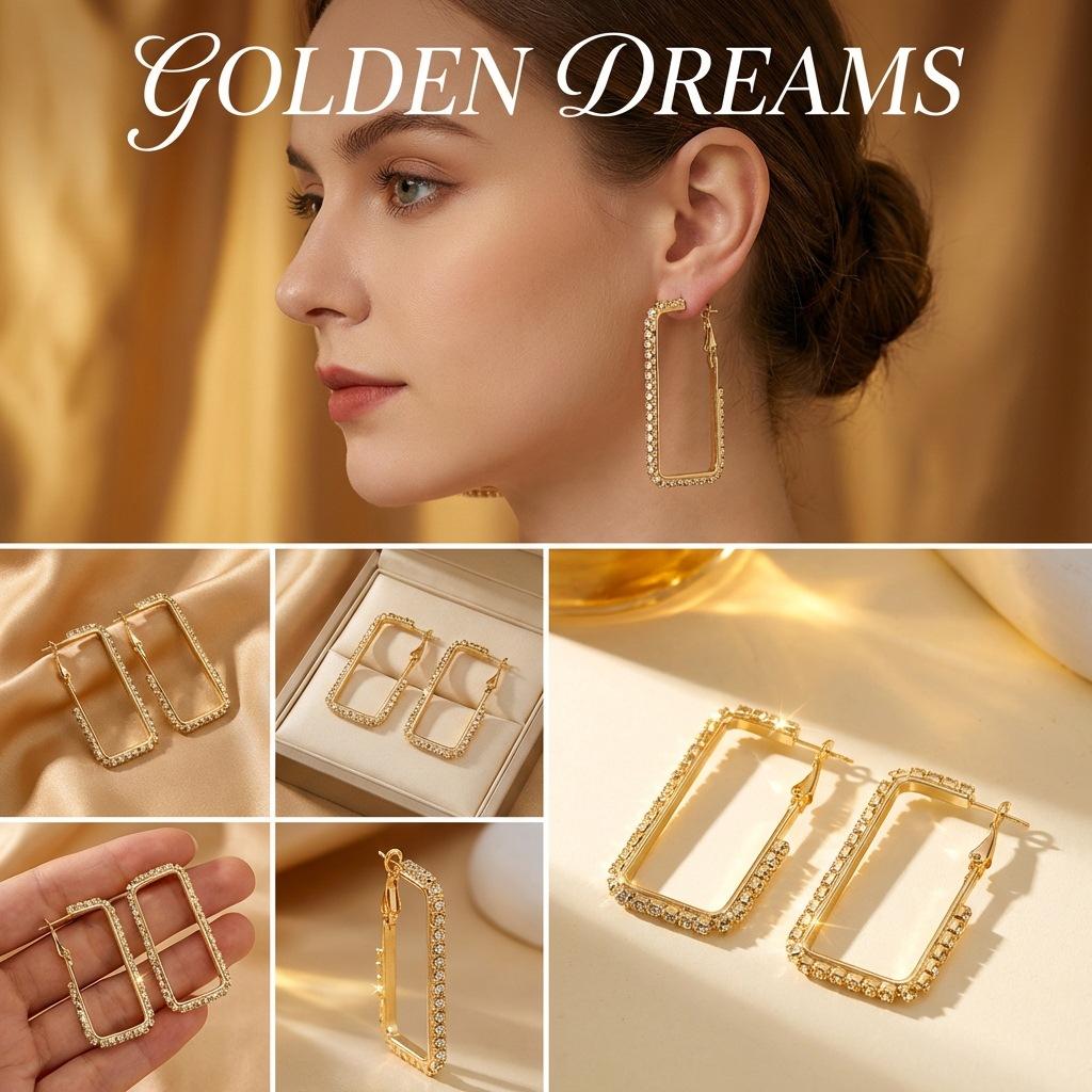 Elegant Rectangular Hoop Earrings Set for Women, Sparkling Rhinestone Geometric Studs, Versatile Fashion Jewelry, Perfect Gift Idea