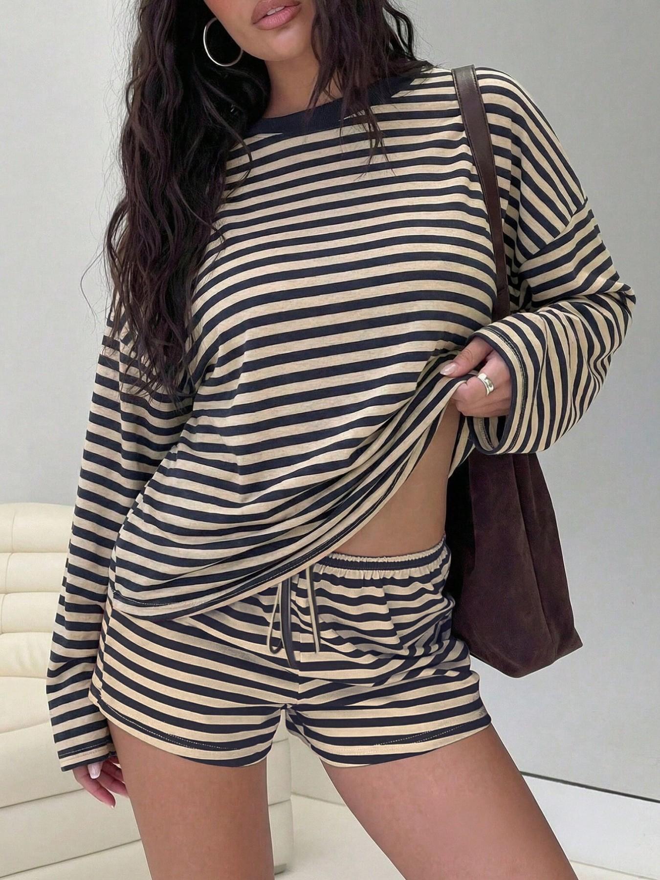Vintage Striped Casual Women's Set, Loose Fit Round Neck Long Sleeve Top with Drawstring Shorts, Comfortable Home Wear, Spring & Fall
