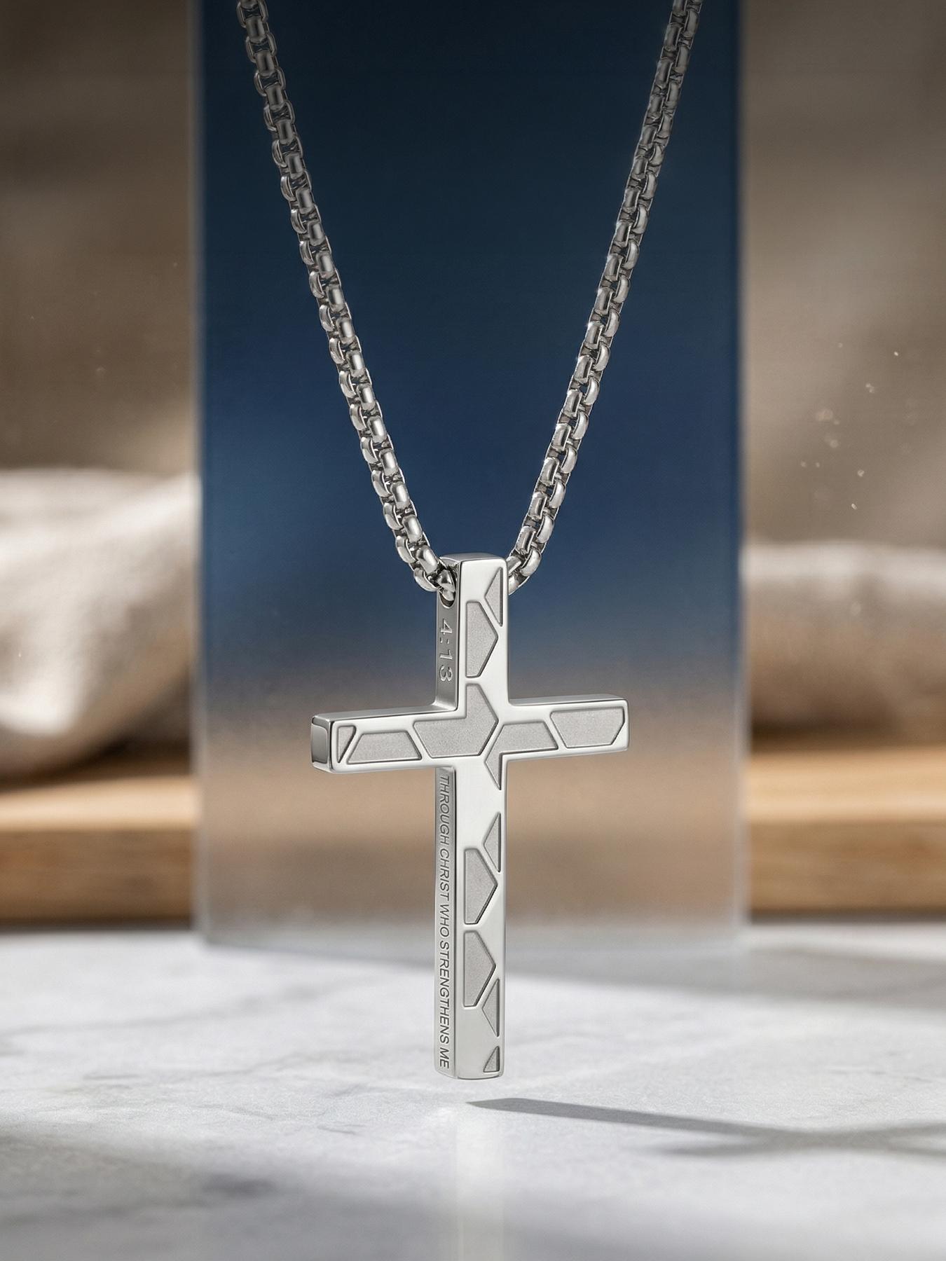 Stainless Steel Geometric Sanskrit Cross Men's Bracelet, 4:13 Cross Engraved Scripture Personalized Necklace # Jewelry / Stainless Steel / Colorfast / Hypoallergenic / Couple / Festival / Party / Ideal Gift