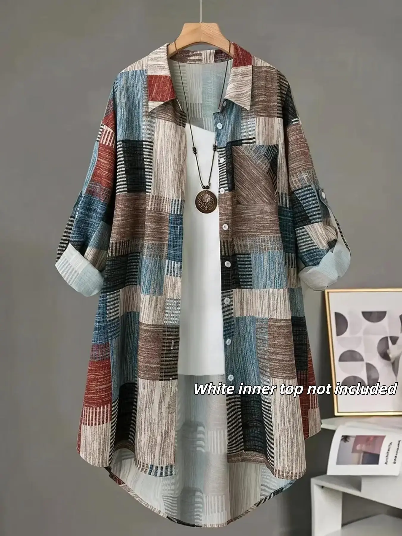 【Black Friday】Plus Size Women's Plaid Print Long Sleeve Shirt, Casual Fitted Woven Fabric, Geometric Pattern, All Seasons Wear
