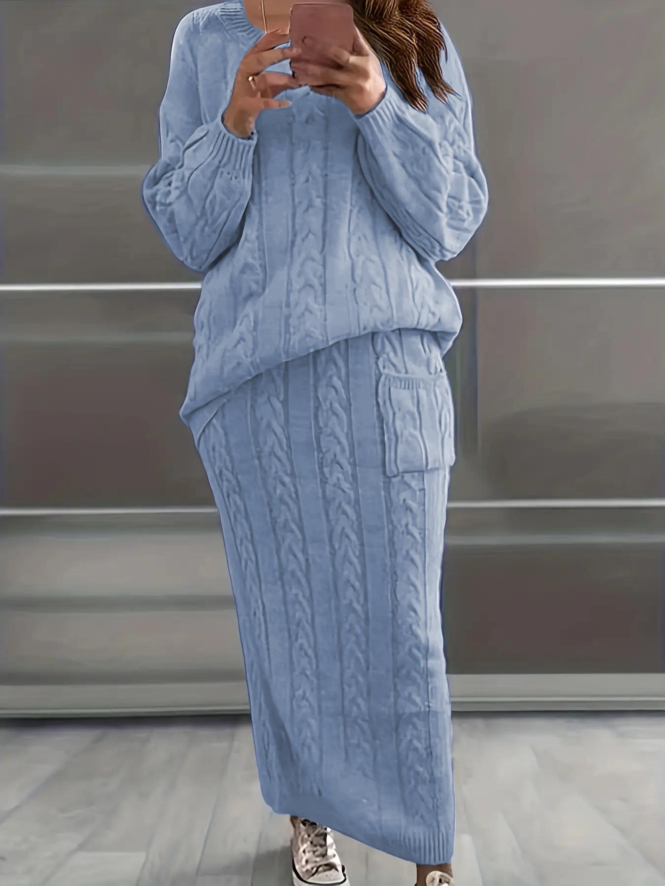 Women's Solid Cable Knit Sweater & Pocket Skirt Set, Long Sleeve Round Neck Jumper & Long Skirt, Two-piece Outfits for Daily Wear
