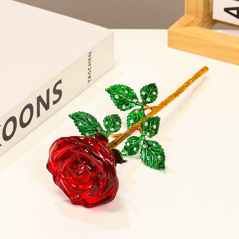 Elegant Glass Crystal Rose Ornament, Eternal Realistic Faux Flower Desktop Display, Gift for Valentine's Day, Mother's Day, Weddings and Christmas