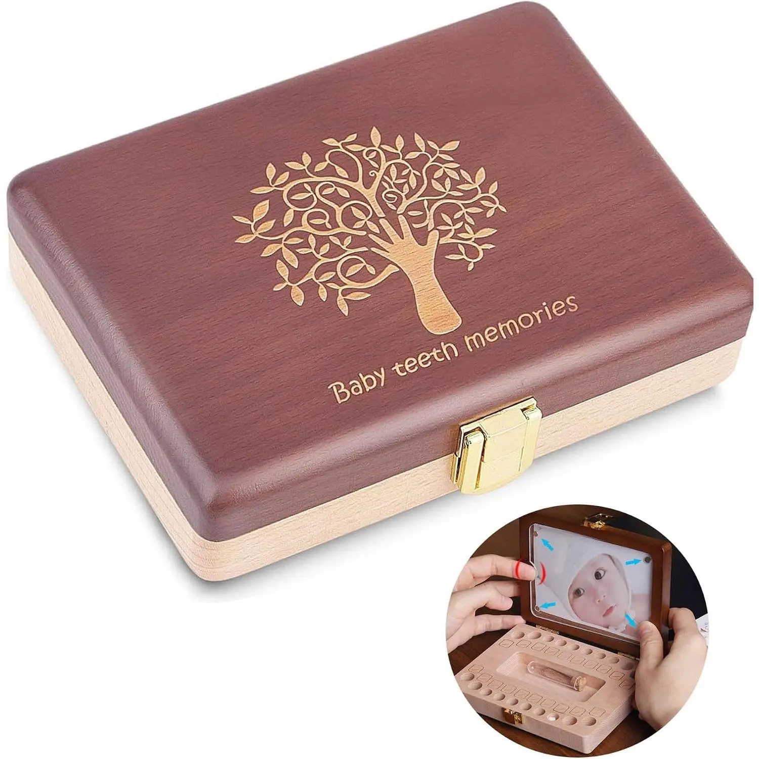 Personalized Handmade Wooden Baby Tooth Box for Kids - Tooth Fairy Keepsake Holder for Lost Teeth and First Curl Memory, Tree Motif Gift for Boy and Girl Toddler(Gift)