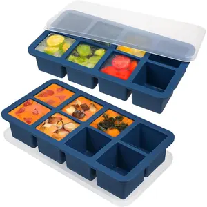 1/2 Cup Silicone Freezer Tray with Lids, 8-Grid Square Ice Cube Mold, Large Ice Cube for Prep & Portion, Perfect for Soup, Snack, Broth, Leftovers Storage, Pack of 2