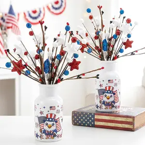 Watayo 2 Set Patriotic Artificial Flower Stems with Glass Vase, 4th of July Artificial Berry Stem Picks, Faux Red White Blue Branches Table Centerpiece for Independence Memorial Day Home Decor
