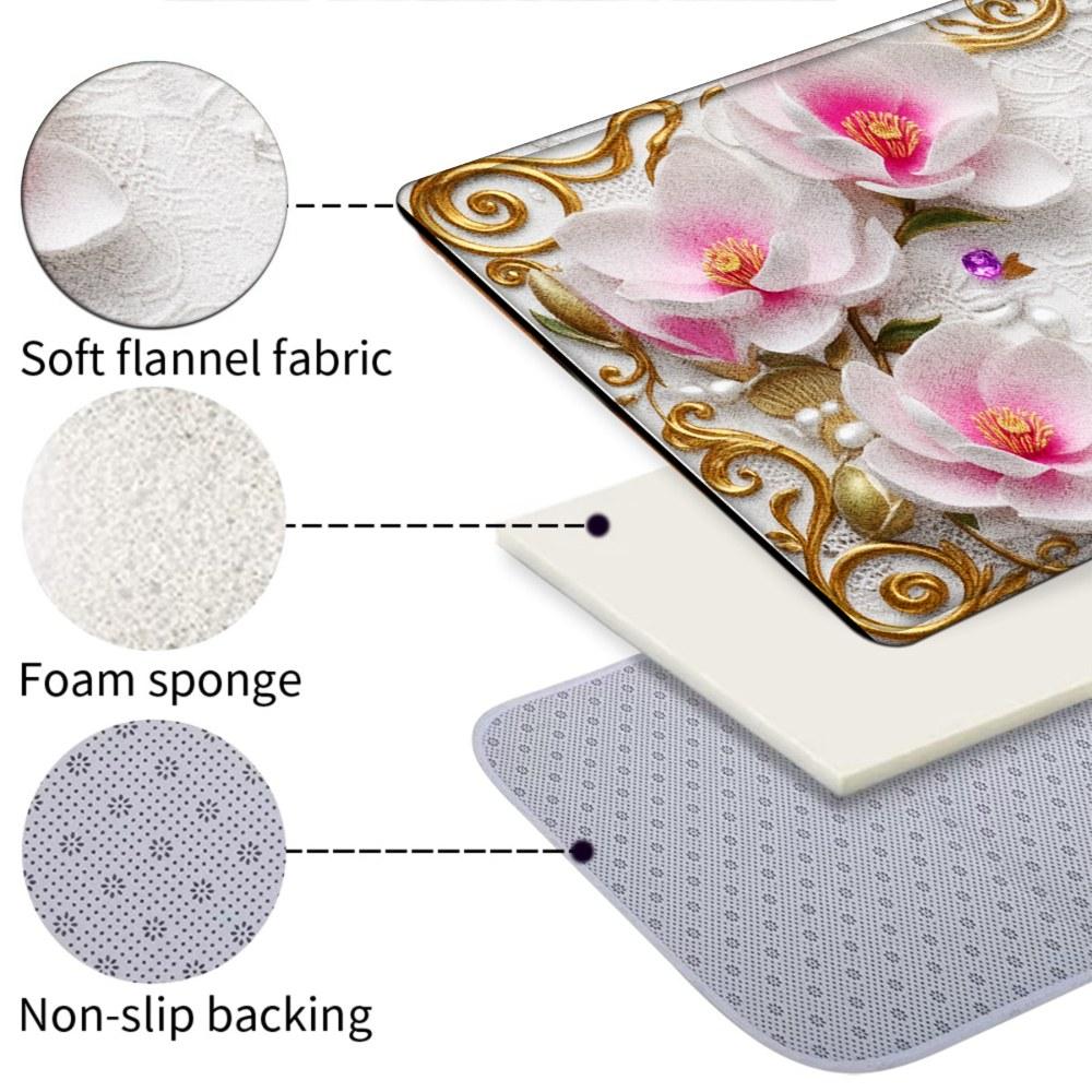 1PC， Pink and White Magnolia Flowers with Gold Ornaments Patterned strip rugs, home décor, bathroom mats, entryway mats, bathroom non-slip mats, indoor entrance rugs, bedroom bedside mats, kitchen mats, hallway rugs, flannel sponge rugs