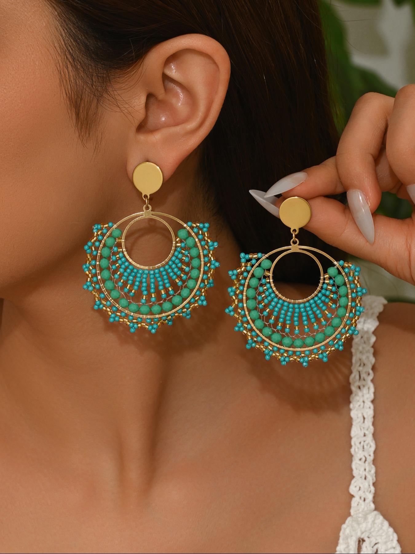 1 pair Boho Style Handmade Beaded Dangle Earrings, Vintage Ethnic Multicolor Jewelry, Perfect for Weddings, Parties, Festivals, Gifts