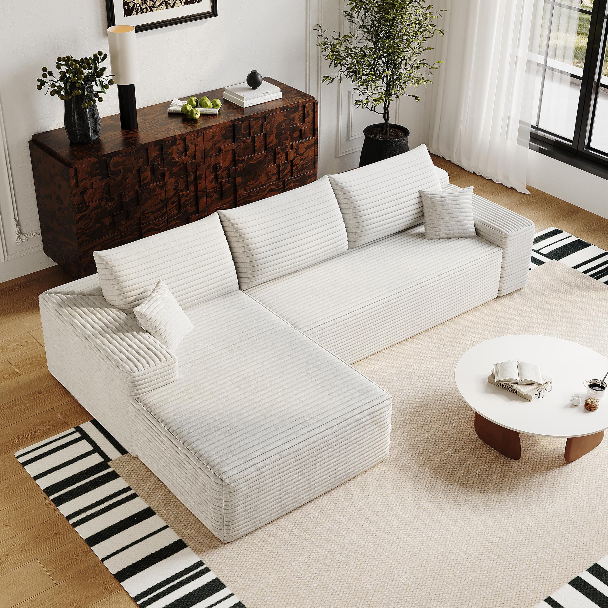 107" Cloud Sectional Couch with L-Shape Chaise,Modern Modular Sofa with Deep Seat, Upholstered Couches for Living Room Bedroom,No Assembly Required, (Plush Corduroy Fabric),White