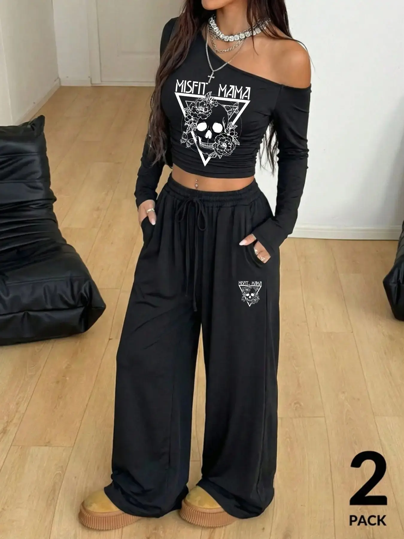 Women's Fall Y2K Short Sleeve Asymmetrical Shoulder Top & Wide Leg Pants Set, Halloween Skull Print, Elastic Comfortable Fabric, Drawstring