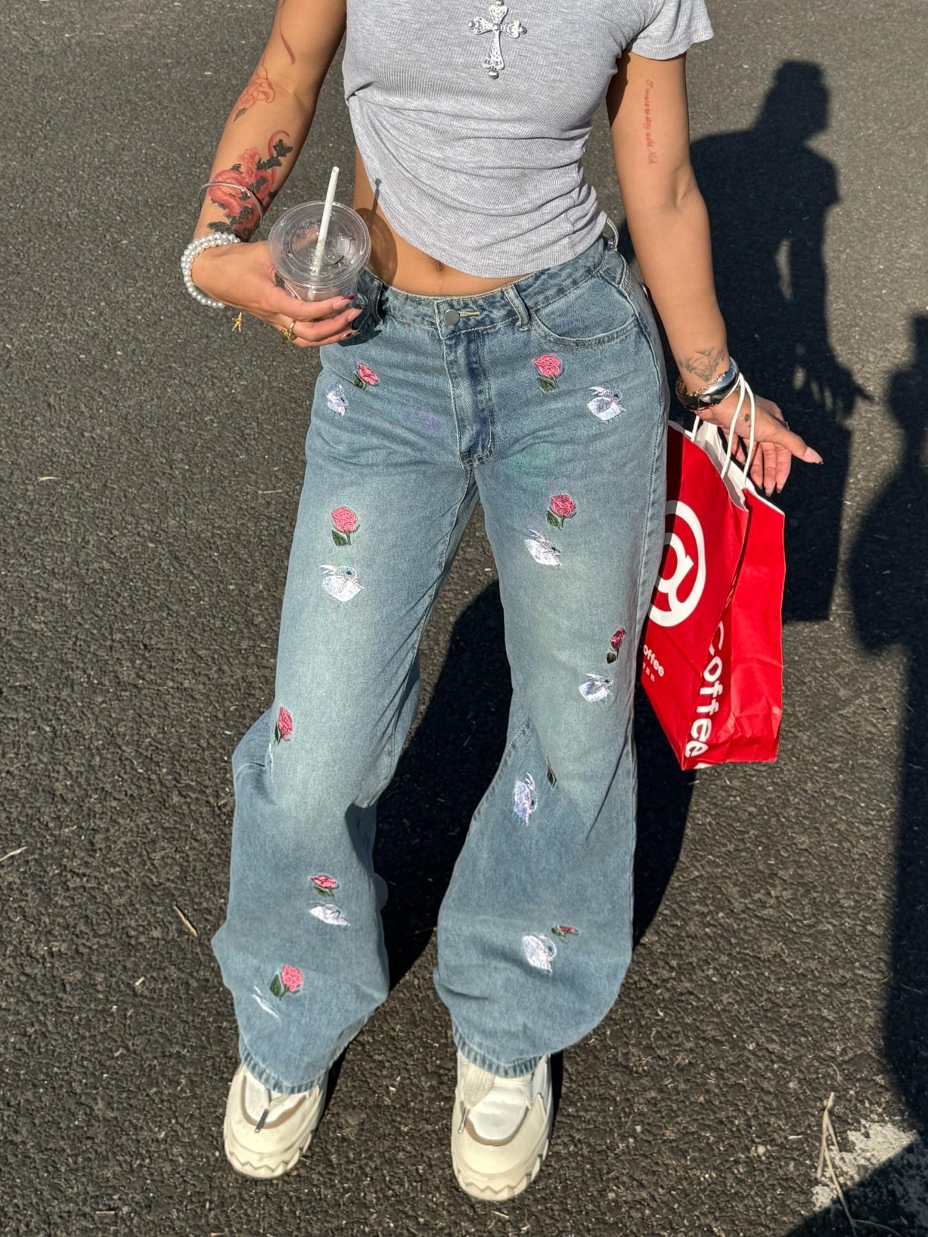 Women's Wide Leg Jeans, Loose Straight Fit, Embroidered Rose and Rabbit, Y2K Street Style, All Seasons, Elegant Plain Design