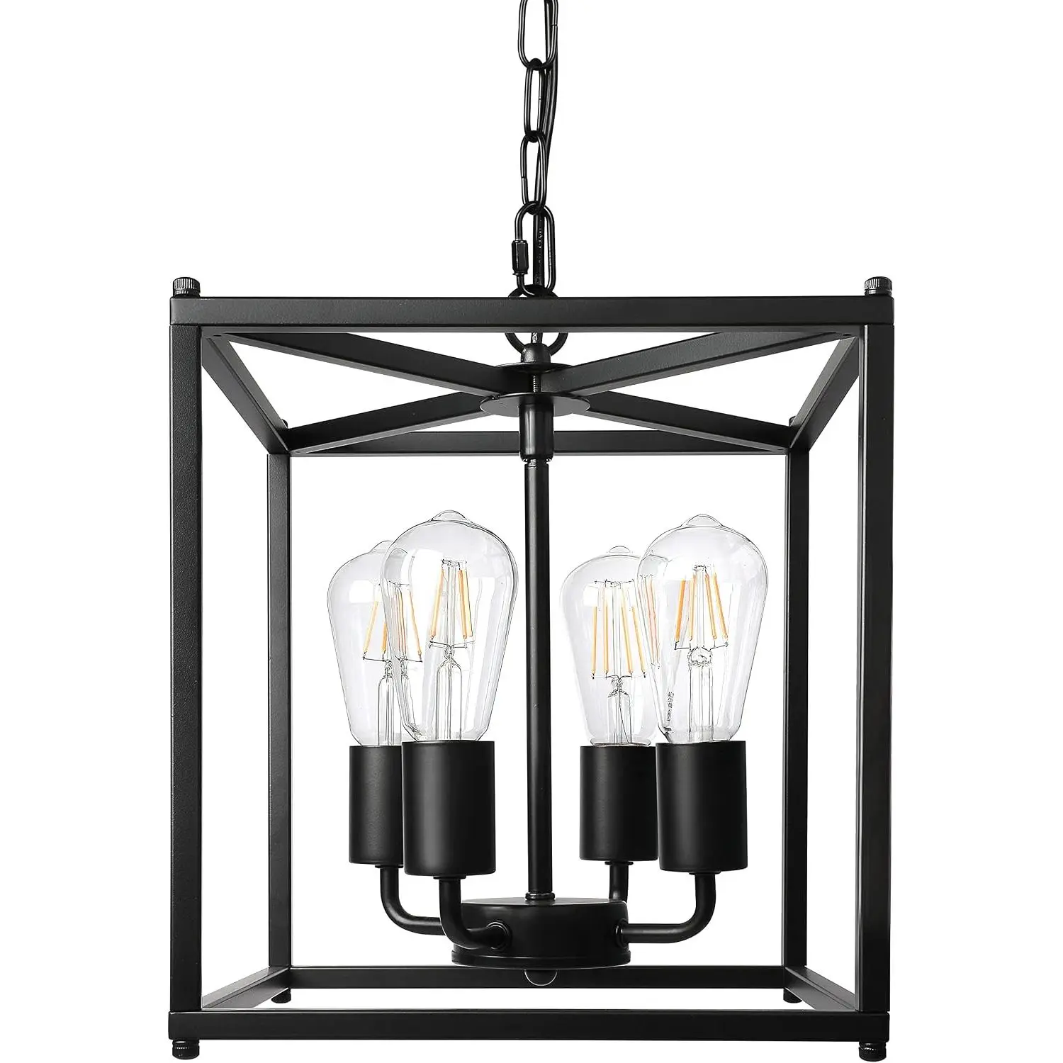 4-Light Black Farmhouse Chandelier, Iron Lantern Pendant Light Rustic Cage Adjustable Height, E26 Base Industrial Hanging Lights for Kitchen Island Dining Room Hallway Foyer Entryway