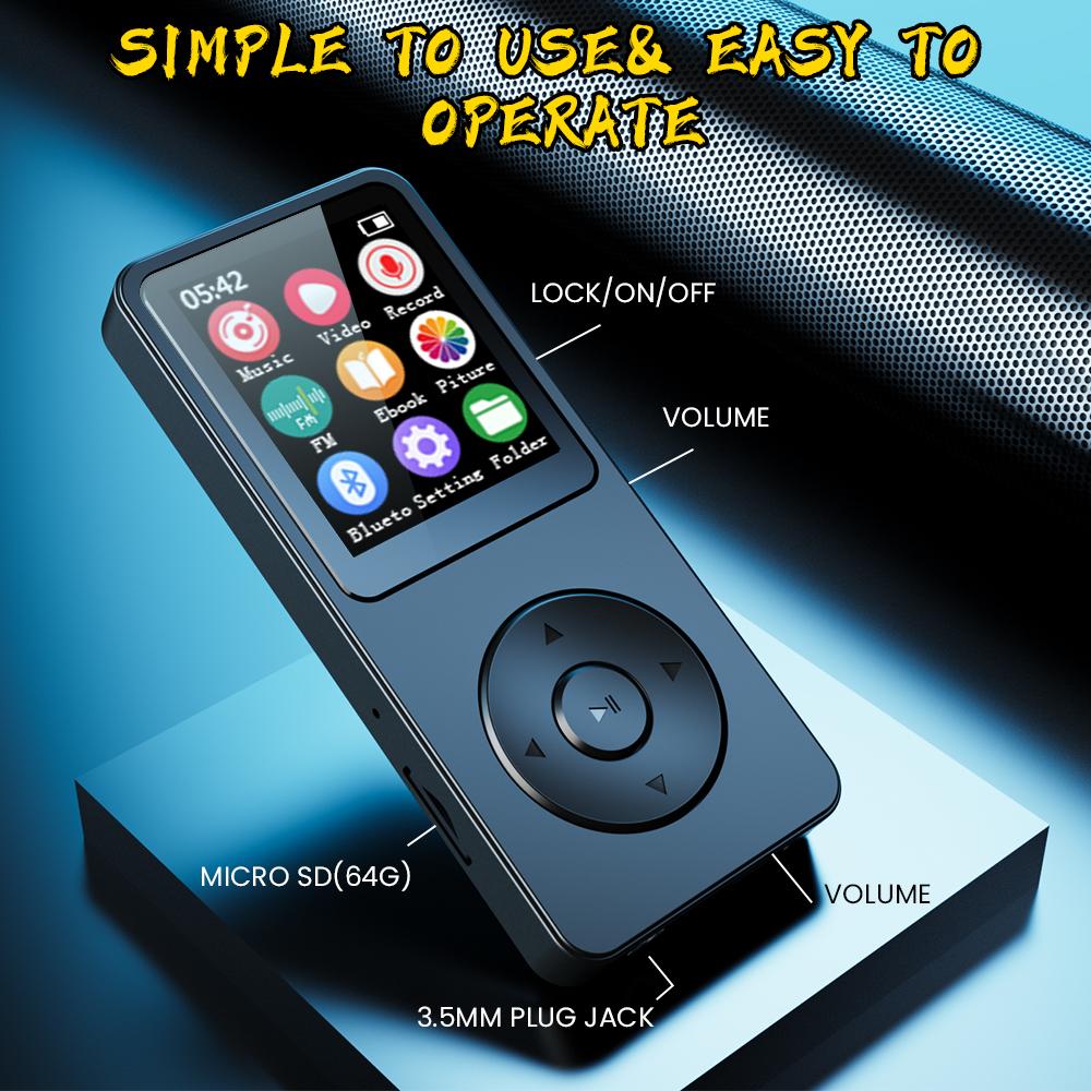 HiFi Lossless Audio MP3 Player with Rubber Dirt-Resistant Design, Bluetooth, Type-C, Built-In Speaker, FM Radio, E-Book Support, Multi-Language, AVI Video Playback, WMA Compatibility, Swimming-Ready Water Resistance for Students