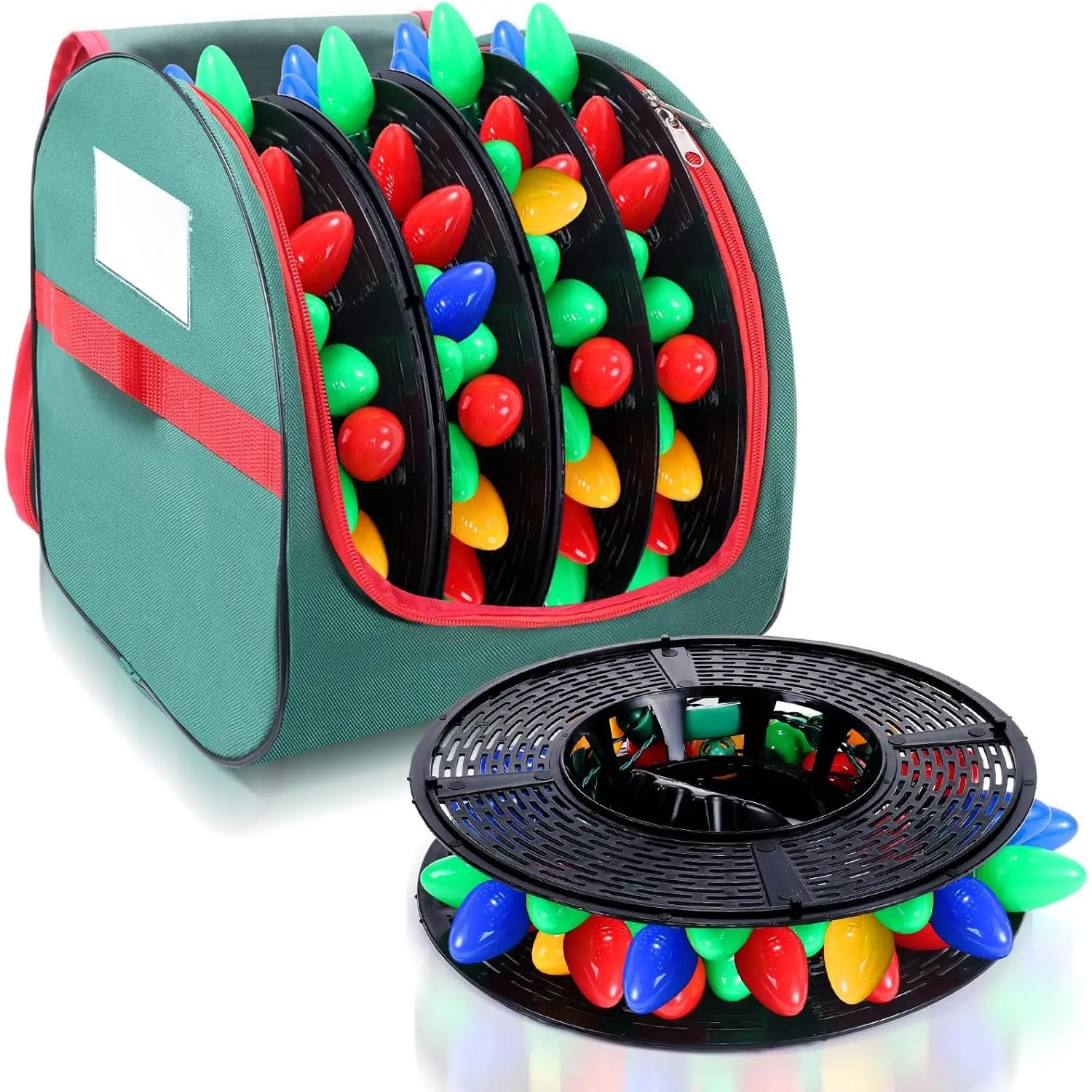 Christmas Light Storage Bag - Tear Proof 600D Oxford Fabric/Internal PVC Material with Reinforced Handles - With 4 Reels Stores up to 500 Ft Holiday Mini Christmas Tree Lights & Extension Cords,Green