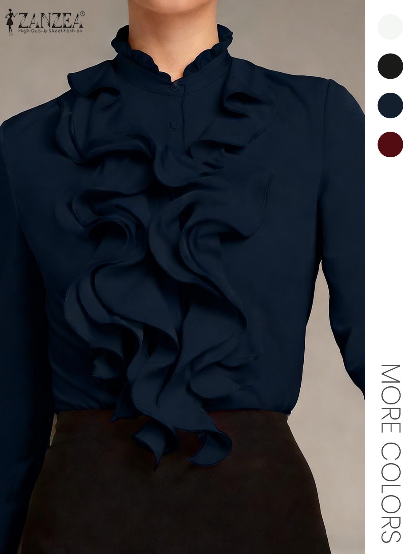 Women's Plain Ruffle Trim Button Front Blouse, Elegant Fitted Long Sleeve Stand Collar Top for Work Office Business, Women's Clothing for Fall & Winter