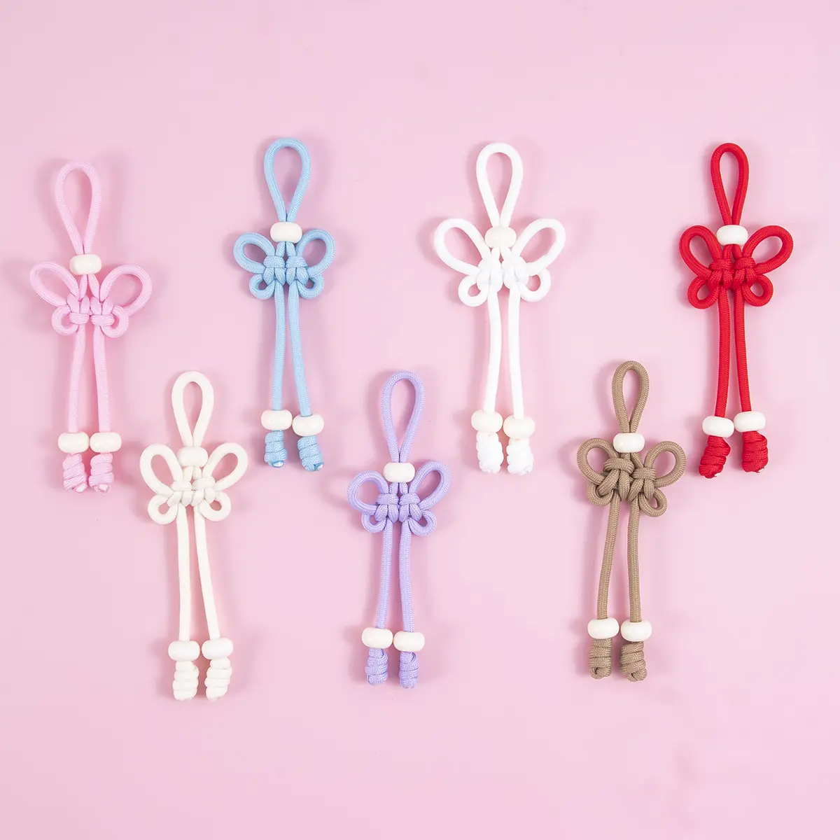 Hand Woven Chinese Knot Pendant, Macaron Color Double Climbing Knot Charm with Beads, Mini Decorative Bag Charm Keychain Strap, Traditional Ethnic Ornament for Handbag Keys Hanfu Decoration