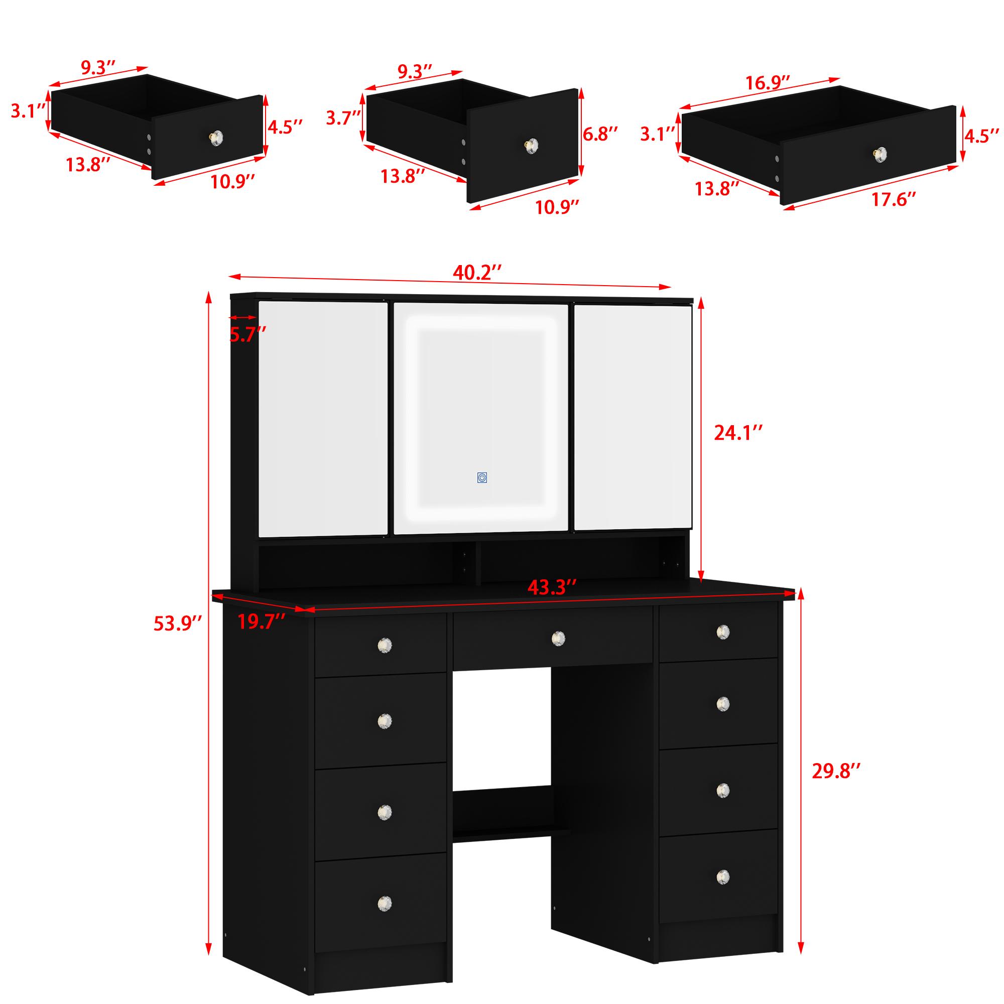 FUFUGAGA-43.3"W Vanity Desk With 9 Drawers, Makeup Desk With 3-Mirror And Touch Screen Light, Dressing Makeup Table For Bedroom