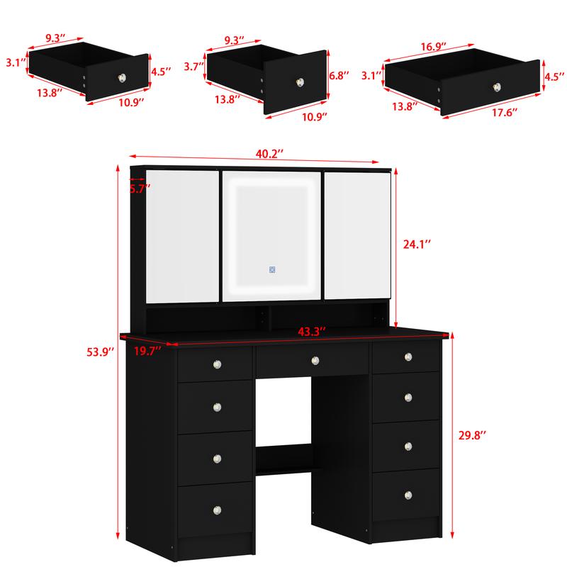 FUFUGAGA-43.3"W Vanity Desk With 9 Drawers, Makeup Desk With 3-Mirror And Touch Screen Light, Dressing Makeup Table For Bedroom