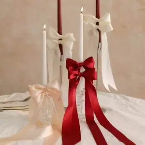 8pcs Dual Ear Candlestick Bowknots, Wine Ribbon Bows, Perfect for Holiday Parties Weddings Romantic Dates Reusable with Glue Points